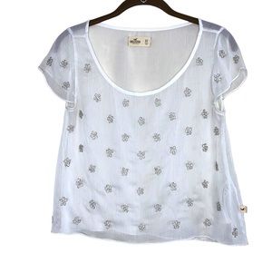Hollister Sheer White Silver Floral Shaped Embellished Blouse